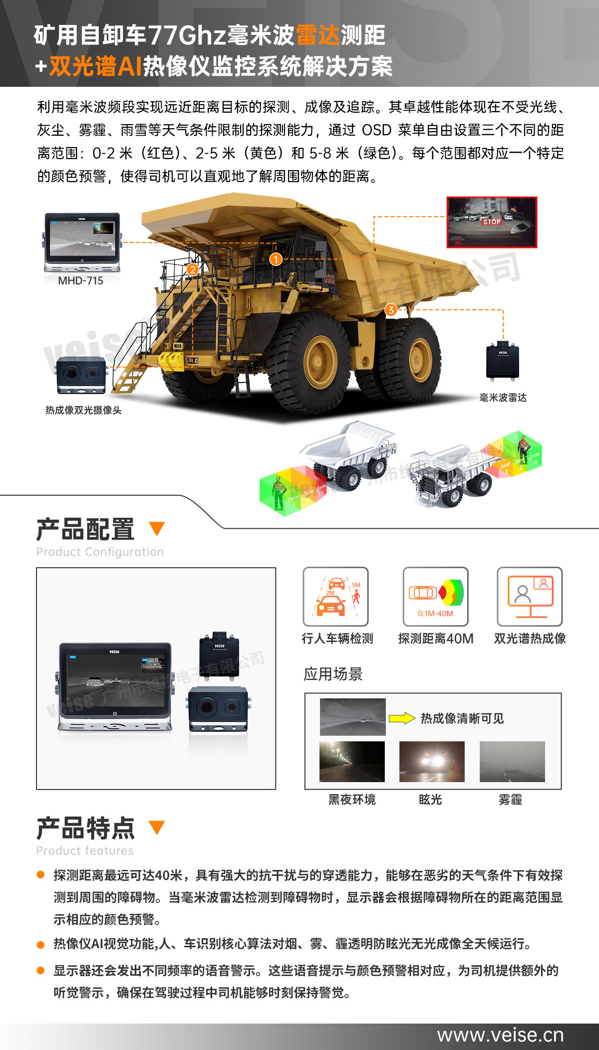 矿用自卸车：77Ghz毫米波雷达测距+双光谱AI热像仪监控系统解决方案