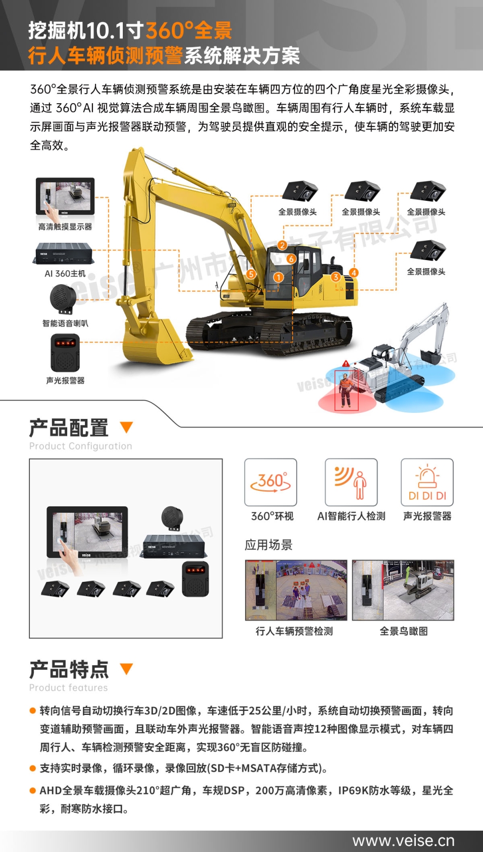 挖掘机：10.1寸360全景行人车辆侦测预警系统解决方案